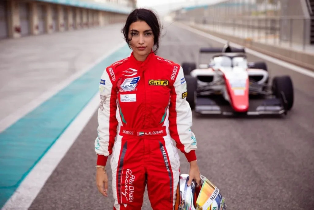 Amna Al Qubaisi, the first Emirati female motorsport driver, making history in UAE racing. 