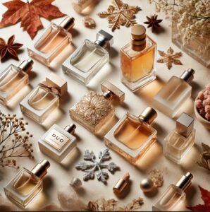 Various-perfume-for-women-with-fall-themed-decorations.