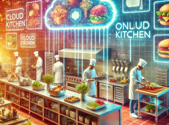 A vibrant and colorful digital illustration of a modern cloud kitchen with chefs preparing food, glowing order screens, and a futuristic setup, symbolizing efficiency and innovation in online food delivery.