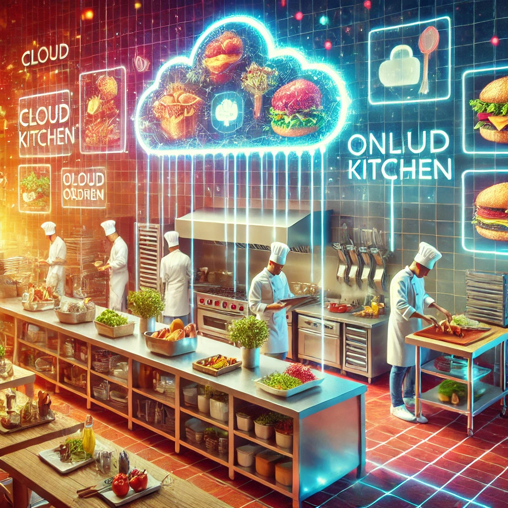 A vibrant and colorful digital illustration of a modern cloud kitchen with chefs preparing food, glowing order screens, and a futuristic setup, symbolizing efficiency and innovation in online food delivery.