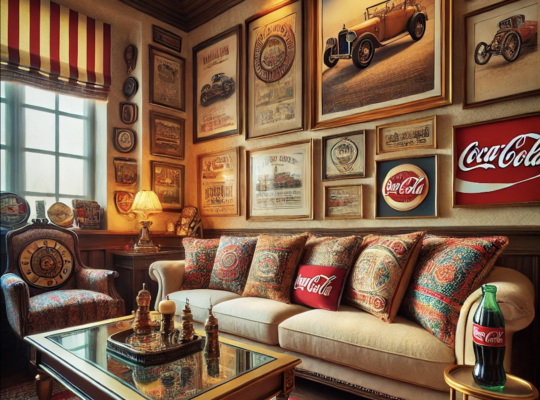 Vintage-style lounge at F7 Antiques in Musaffah, featuring antique decor, classic car ads, and Coca-Cola memorabilia.