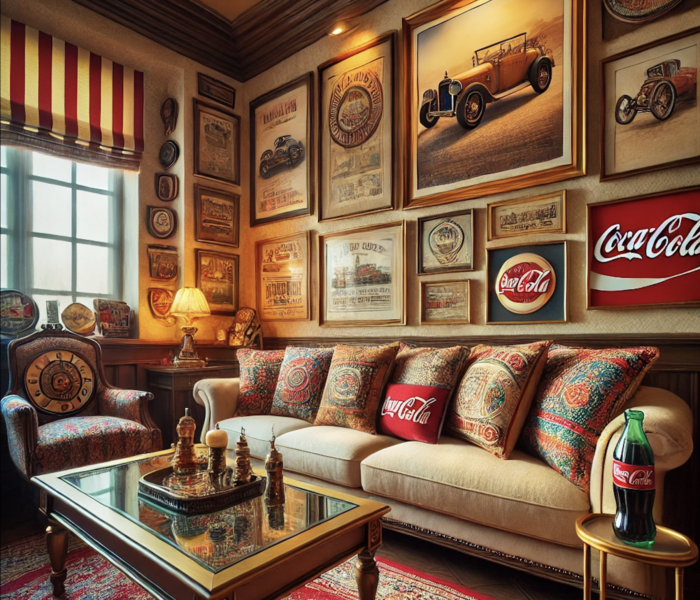 Vintage-style lounge at F7 Antiques in Musaffah, featuring antique decor, classic car ads, and Coca-Cola memorabilia.