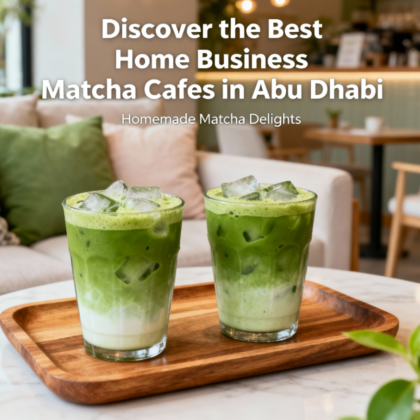 Top-down view of three vibrant iced matcha drinks served on a wooden tray with a cozy home café ambiance in the background, showcasing fresh green colors and creamy texture