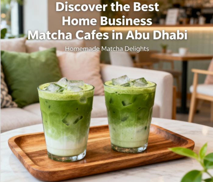 Top-down view of three vibrant iced matcha drinks served on a wooden tray with a cozy home café ambiance in the background, showcasing fresh green colors and creamy texture