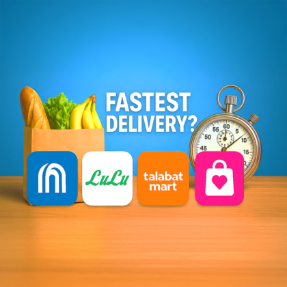 Comparison of online grocery delivery apps in Abu Dhabi including Carrefour, LuLu, Talabat Mart, and InstaShop showing fastest delivery options