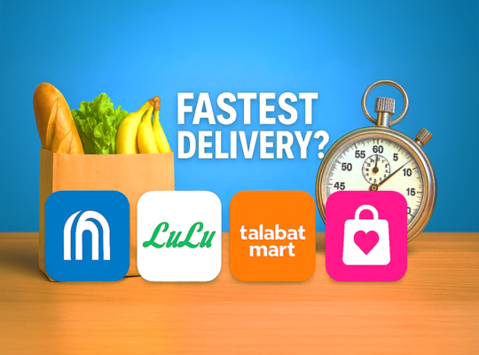 Comparison of online grocery delivery apps in Abu Dhabi including Carrefour, LuLu, Talabat Mart, and InstaShop showing fastest delivery options