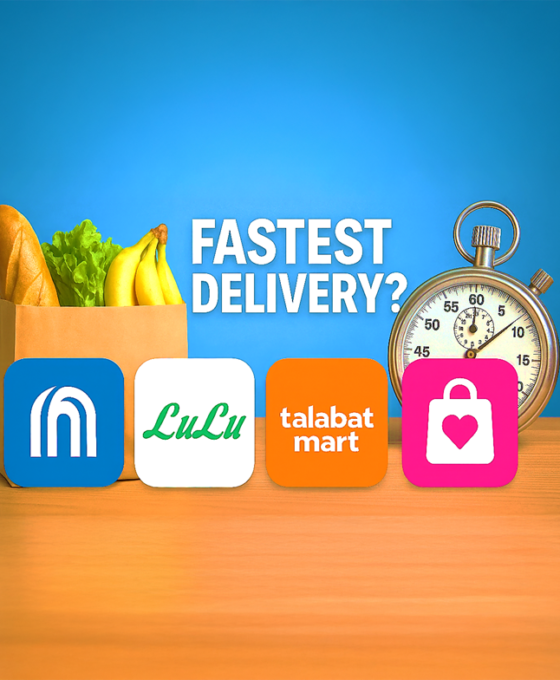 Comparison of online grocery delivery apps in Abu Dhabi including Carrefour, LuLu, Talabat Mart, and InstaShop showing fastest delivery options
