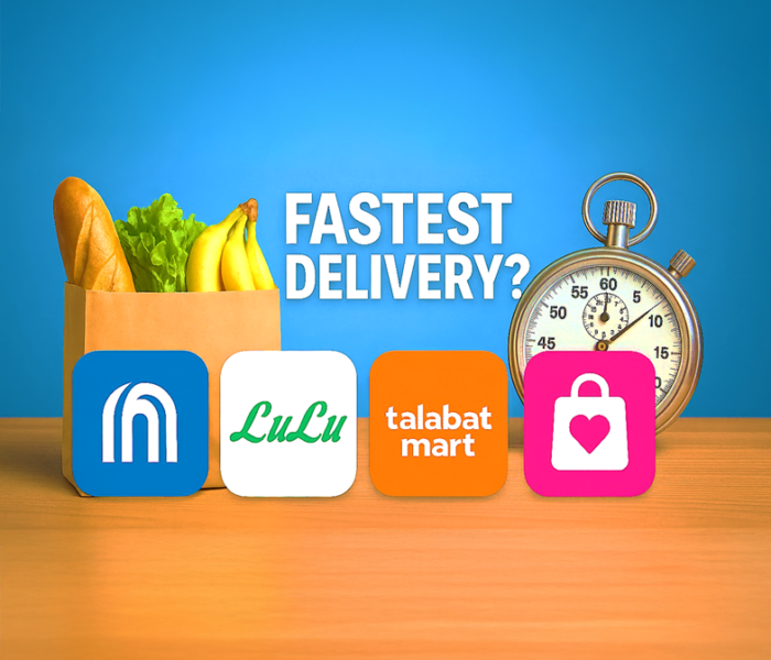 Comparison of online grocery delivery apps in Abu Dhabi including Carrefour, LuLu, Talabat Mart, and InstaShop showing fastest delivery options