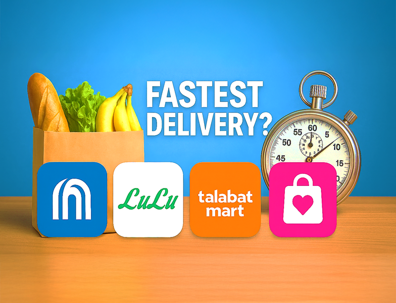 Comparison of online grocery delivery apps in Abu Dhabi including Carrefour, LuLu, Talabat Mart, and InstaShop showing fastest delivery options