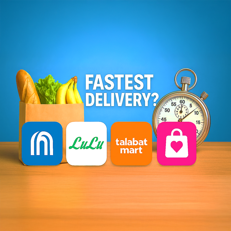 Comparison of online grocery delivery apps in Abu Dhabi including Carrefour, LuLu, Talabat Mart, and InstaShop showing fastest delivery options