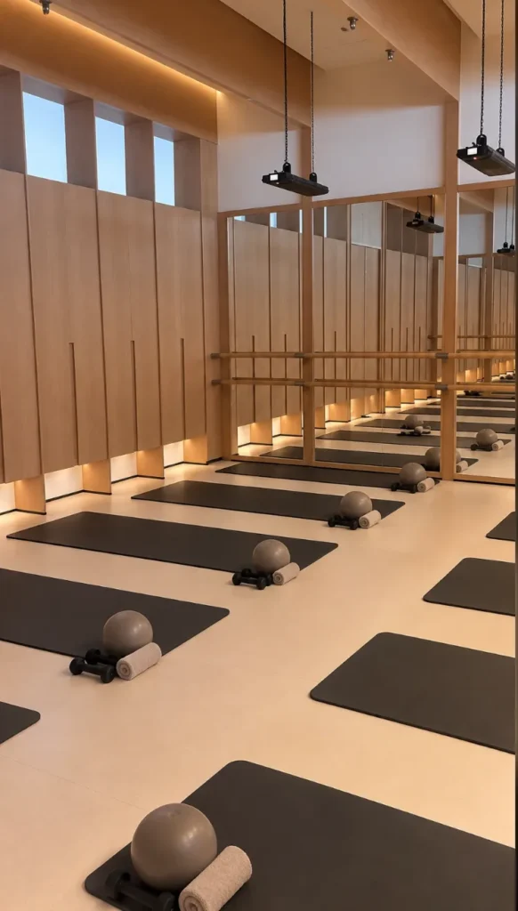 FORM Studio barre workout room in Abu Dhabi with ballet barres, exercise mats, and mirrored walls.