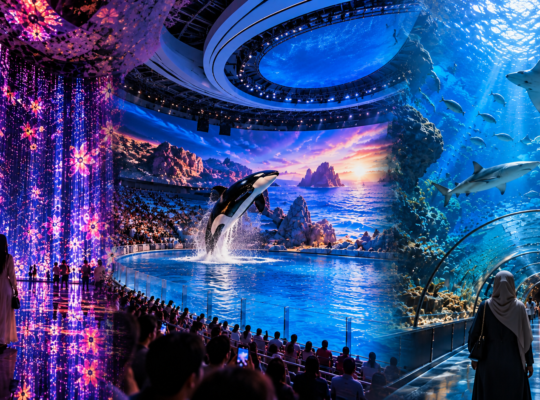 Indoor activities in Abu Dhabi featuring teamLab Phenomena’s glowing digital art, SeaWorld Abu Dhabi’s orca show, and The National Aquarium’s underwater tunnel.