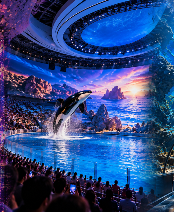 Indoor activities in Abu Dhabi featuring teamLab Phenomena’s glowing digital art, SeaWorld Abu Dhabi’s orca show, and The National Aquarium’s underwater tunnel.