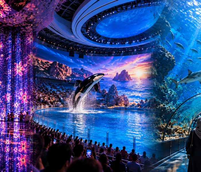 Indoor activities in Abu Dhabi featuring teamLab Phenomena’s glowing digital art, SeaWorld Abu Dhabi’s orca show, and The National Aquarium’s underwater tunnel.