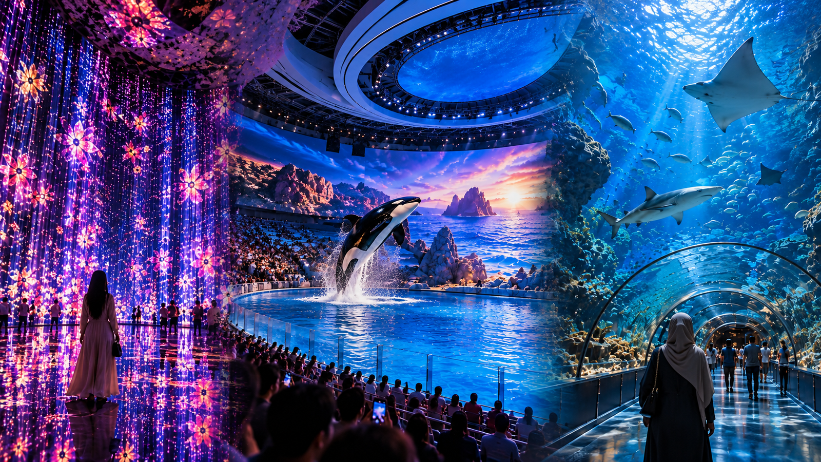 Indoor activities in Abu Dhabi featuring teamLab Phenomena’s glowing digital art, SeaWorld Abu Dhabi’s orca show, and The National Aquarium’s underwater tunnel.