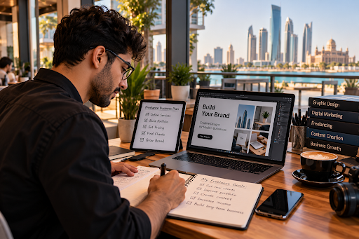 Freelancer planning design projects on a laptop for his home business idea