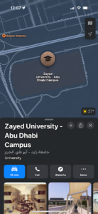 Apple Maps displaying location details, nearby places, and navigation options for commuting in the UAE.