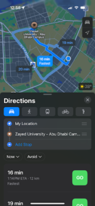 Apple Maps showing alternative driving routes, estimated travel times, and directions to help UAE commuters plan their journeys.
