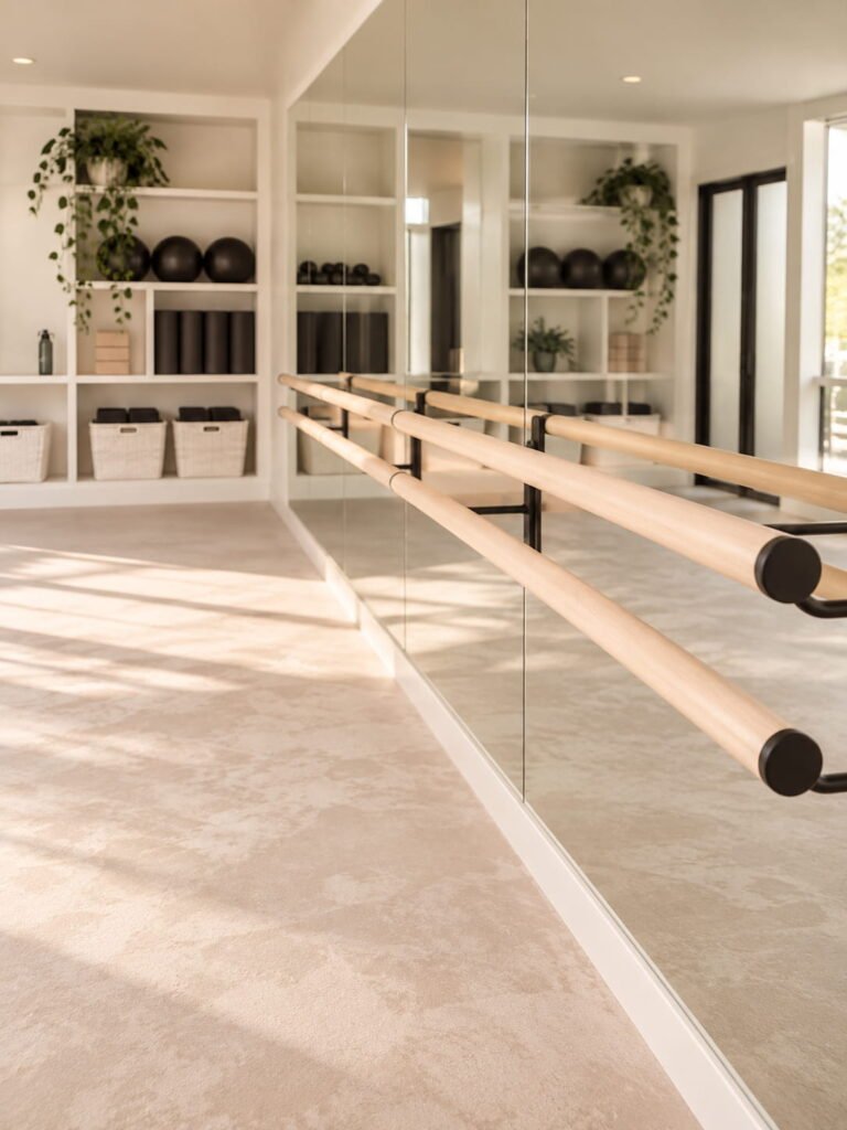 FLO Studio's boutique barre workout space in Abu Dhabi, featuring wooden ballet barres, mirrors, and fitness equipment.