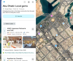 Google Maps displaying places to explore in Abu Dhabi, including local attractions and popular destinations.