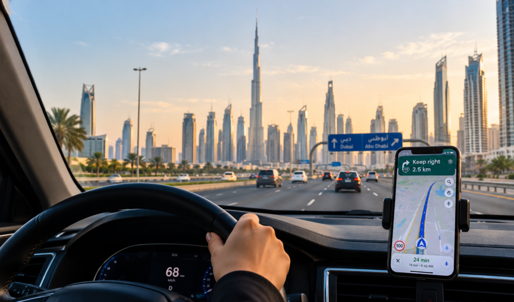 A driver using GPS navigation while travelling on a road in the UAE.
