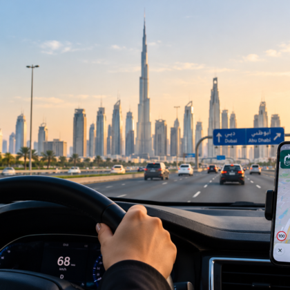 A driver using GPS navigation while travelling on a road in the UAE.