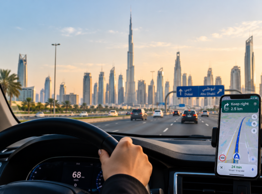 A driver using GPS navigation while travelling on a road in the UAE.
