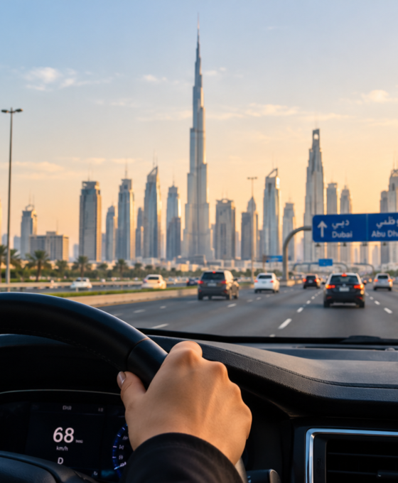 A driver using GPS navigation while travelling on a road in the UAE.