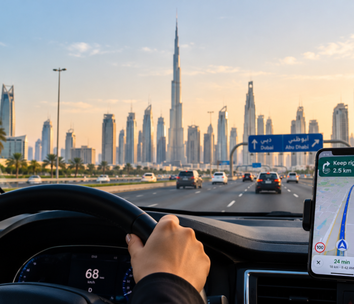 A driver using GPS navigation while travelling on a road in the UAE.