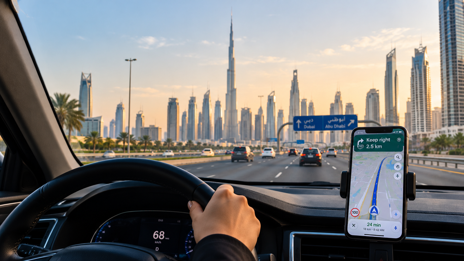 A driver using GPS navigation while travelling on a road in the UAE.