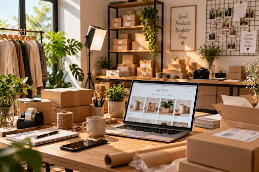 E-commerce home business workspace with products and packaging boxes