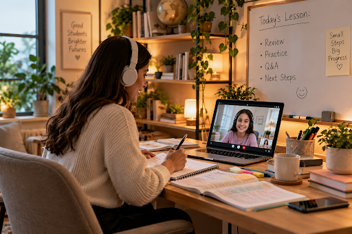Online tutoring home business with a laptop and teaching materials