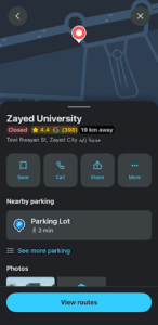 Navigation App Location Details Navigation app showing location ratings, place information, nearby parking options, and route-planning features.