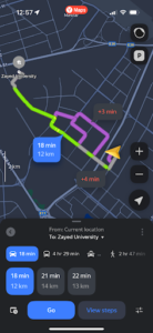 Yandex Maps comparing driving routes with estimated travel times and distance information to help drivers choose a suitable route.