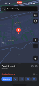 Yandex Maps displaying a university location, nearby places, and navigation features for finding destinations in the UAE.